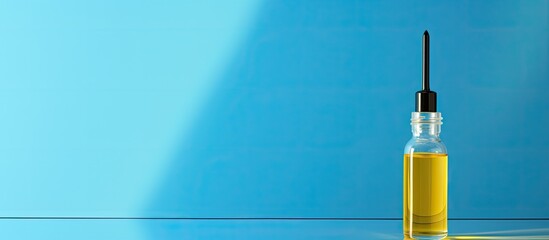 trendy cosmetic bottle with pipette and yellow oil on blue background with shadow with copy space dropper bottle concept