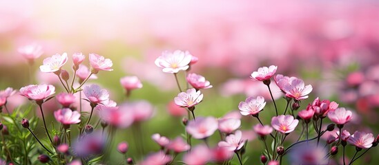 Abstract background blurred pink flowers with green plant. copy space available