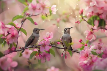 Obraz premium Two hummingbirds perched on branches adorned with vibrant pink blossoms, creating a serene and picturesque spring scene.