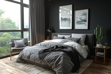 Black and Grey Bedroom With Cactus