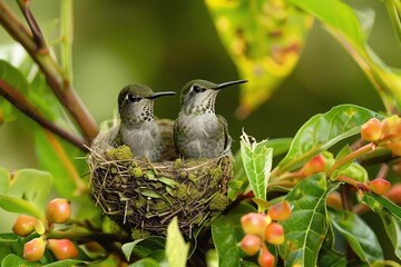 Obraz premium Two hummingbirds sitting in a nest surrounded by vibrant green leaves and small red fruits in a natural setting.