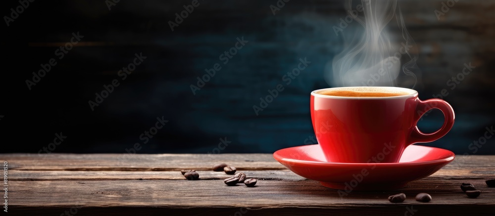 Wall mural espresso and red cup on wooden table. copy space available