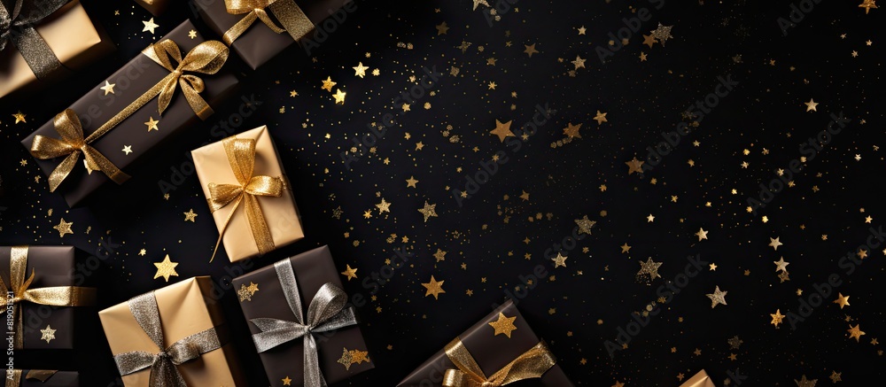 Aufkleber greeting christmas background gifts wrapping in brown paper on a black background with yellow lights