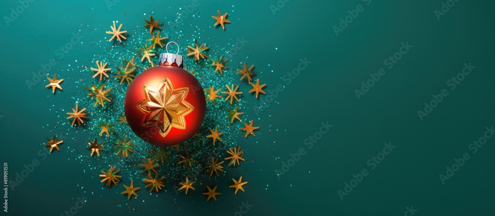 Poster Top down view of a Christmas toy placed on a colorful background providing ample space for copy or any other image