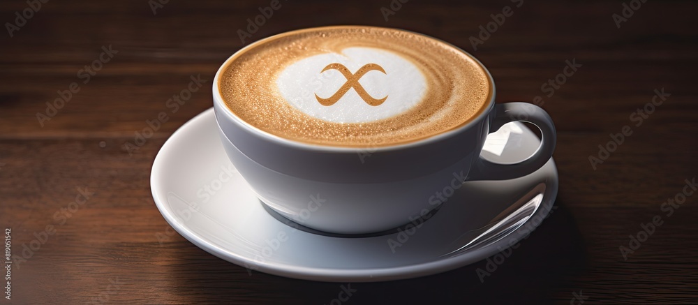 Poster coffee cappuccino in a white cup with a symbol of ethereum cinnamon on milk foam. copy space availab