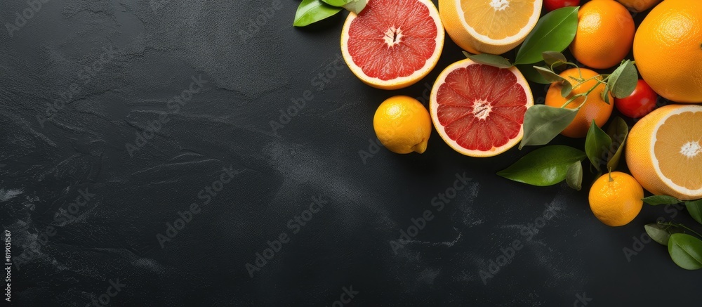 Poster fresh oranges grapefruits and madarine slices on dark stone background. copy space available