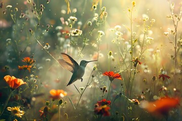 Obraz premium A stunning photo of a hummingbird hovering among colorful wildflowers in a sunlit meadow, creating a serene and magical atmosphere.