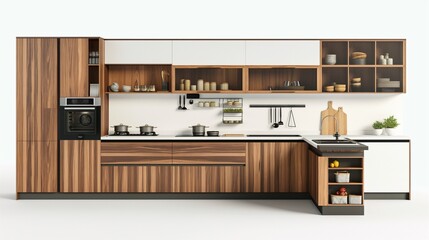 A Modern Kitchen With Wooden Cabinets Against A White Background.