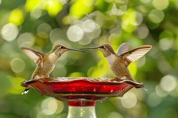 Obraz premium Two hummingbirds facing each other at a red feeder with a green bokeh background, capturing a moment of nature's beauty and harmony.