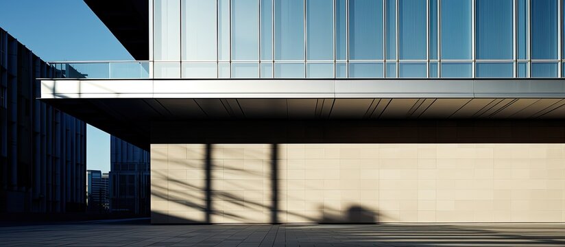 An abstract geometric architectural building is seen through the shadow of another building s overhang The view captures a modern urban office building Copy space image