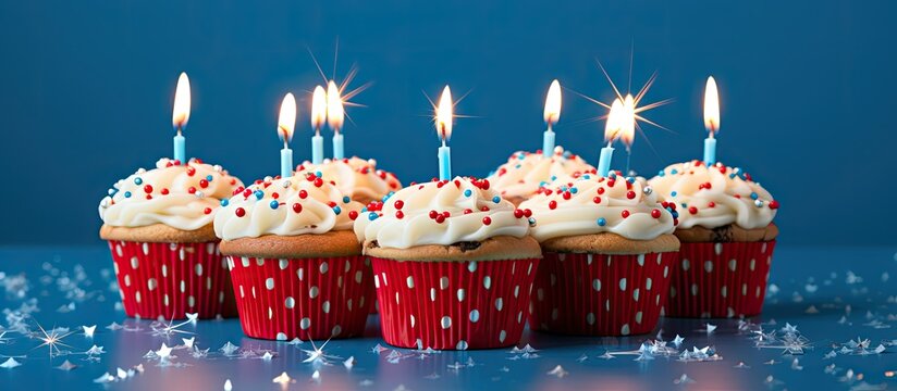 Festive muffin pie with candles for a birthday Birthday background with numbers 32 Anniversary card on blue polka dot background copy space