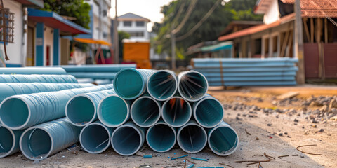 Construction site, heap of PVC tubes for sewerage pipeline. Industrial background, plumbing materials for repair and construction.