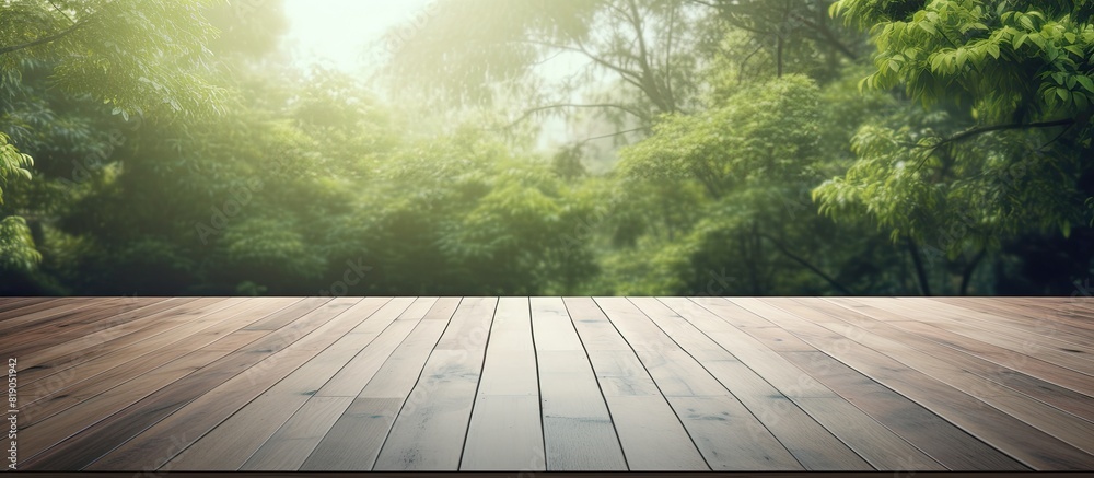 Aufkleber Empty perspective room with blurred green tree forest and wooden plank floor Template mock up for display of your product. copy space available