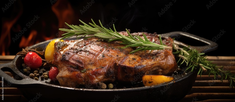Poster A pork roast on the bone is sizzling on a cast iron grill pan seasoned with rosemary and spices against a wooden backdrop Ample space for copy is available in the image