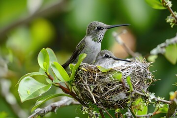Obraz premium Two hummingbirds perched on a nest in a tree, surrounded by lush green leaves and branches.