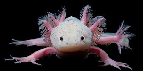 Cute pink albino axolotl - isolated black background
