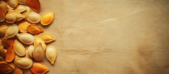 raw peeled pumpkin seeds on textured handmade paper with a copy space - Powered by Adobe