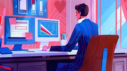 Finance industry professional analyzing data and preparing reports with computers and calculators