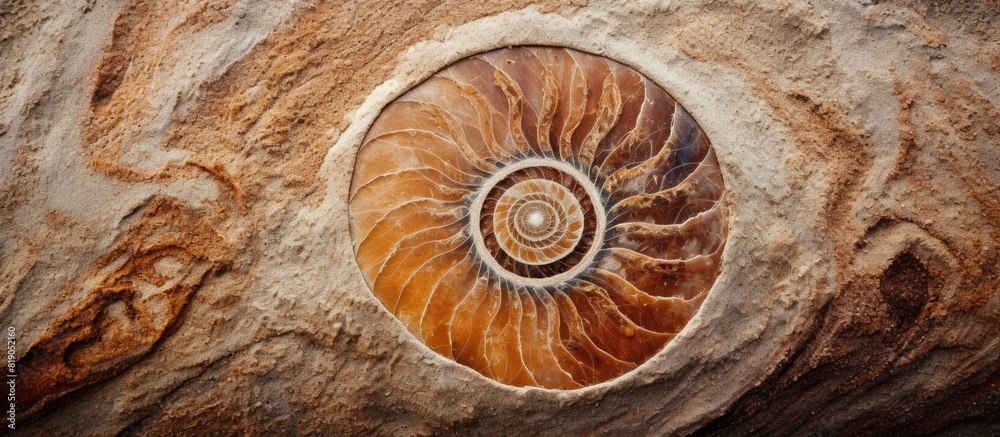 Poster ammonite print on sea sand top view copy space spiral pattern snail shell
