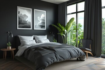 Black and Grey Bedroom With Cactus