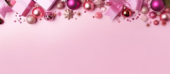 Christmas pink flat lay background with christmas present box and decorations on pink layout Top view with copy space