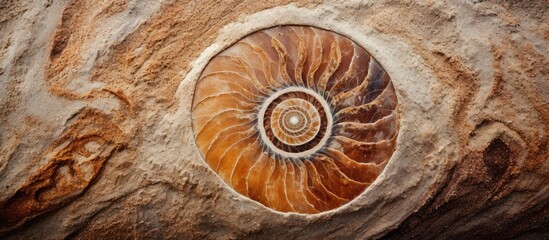 Ammonite print on sea sand Top view Copy space Spiral pattern snail shell