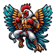 Naklejka premium Illustration of a boxer rooster jumping ready to fight, generative ai