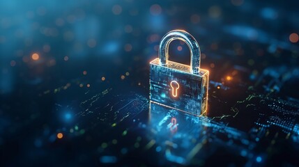 Digital padlock for computing system on dark blue background, cyber security technology for fraud prevention and privacy data network protection concept