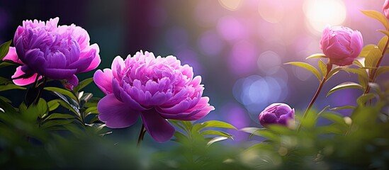 A beautiful bokeh background featuring purple peony flowers green leaves and a shallow depth of field captured in a sunny day The image has an artistic intent with film style filters and an old lens