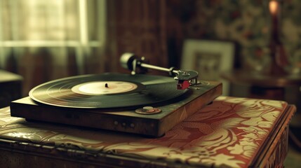 Obraz premium Vintage Record Player with Vinyl Record - Close-up of a vintage record player with a spinning vinyl record, evoking a nostalgic and retro atmosphere.