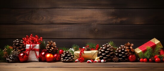 Christmas decoration with christmas stocking pine cone branch of spruce candies berry and Christmas toy on wooden table on wooden background. copy space available