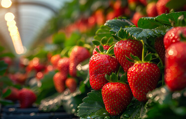 Strawberries in greenhouse. A strawberries growing in a berry farming tunnel