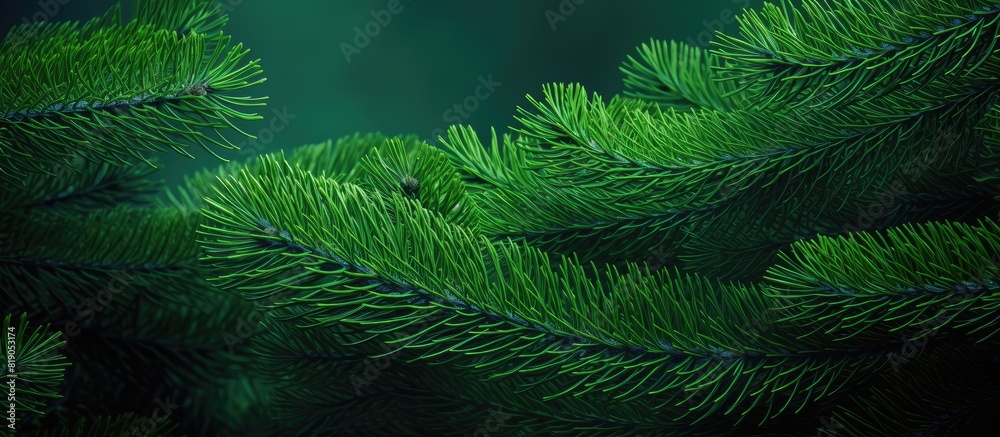 Poster Copy space image of a vibrant green background with fresh branches from a young spruce tree resembling a festive Christmas tree background