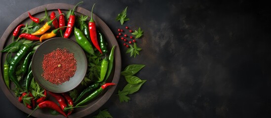Top view of red and green chilli chilli powder and black plate with copy space on stone table background