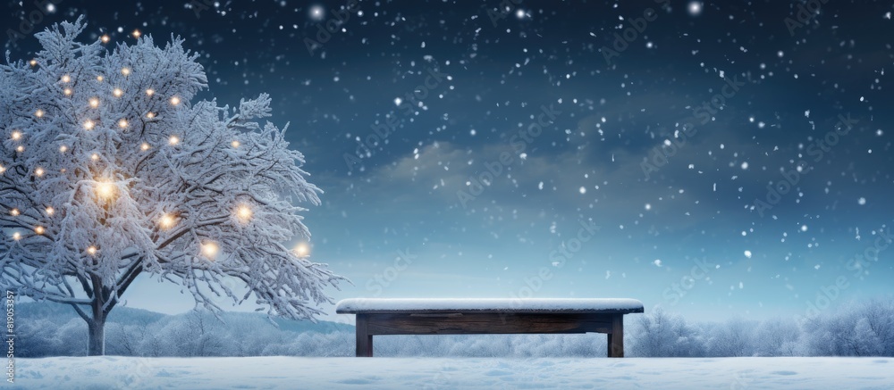 Poster A festive scene with a wooden table in the forefront surrounded by a snowy landscape and a beautiful tree in the background The image offers ample space for creative use