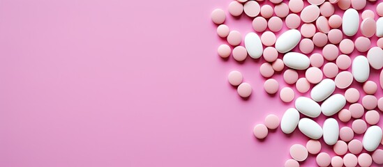 Medicine background pharmacy Pharmaceutical pills on pink backdrop Flat lay image. copy space...