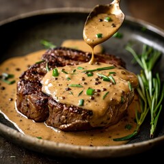 A juicy steak served on a dark plate, being drizzled with a creamy peppercorn sauce, garnished with fresh herbs.