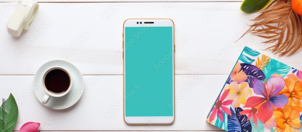 Aufkleber Back view of open notebook with colorful stickers coffee cup smartphone and other items on white background. copy space available