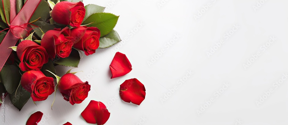 Poster red roses flower and present box on light background top view with copy space