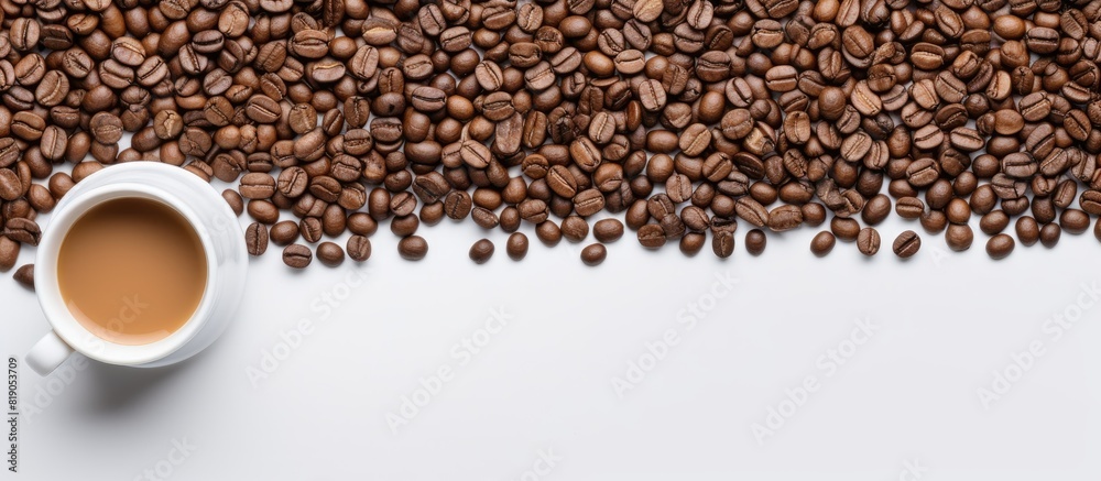 Poster a white empty cup in coffee beans backgroun flat lay copy space
