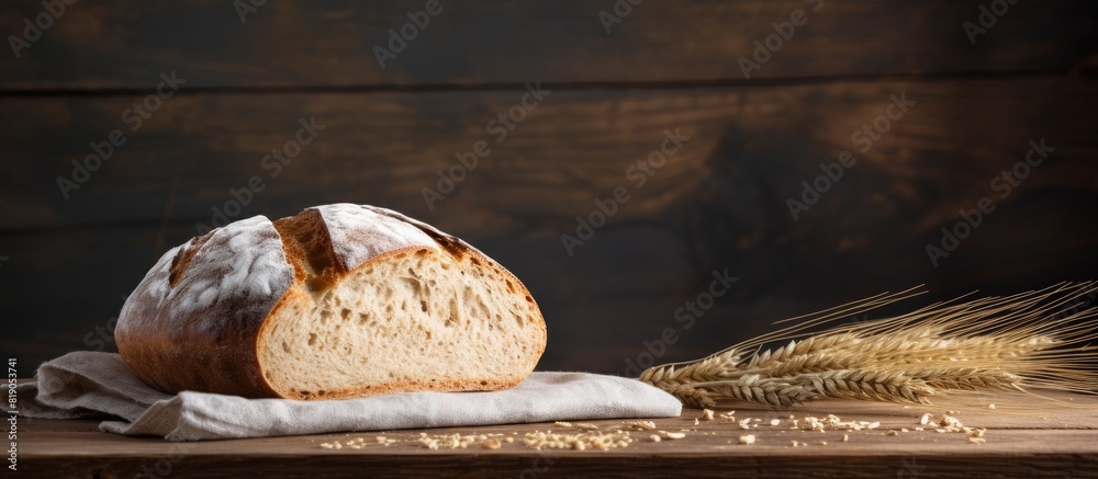 Poster Horizontal copy space image of a rustic homemade wheat bread displayed on a wooden background with a muted grey hue