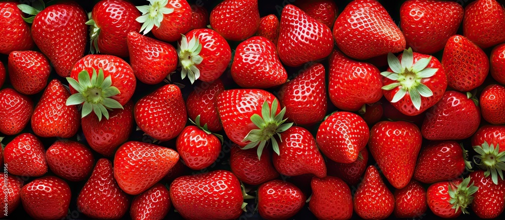 Fototapete A close up top view of strawberries spread out on a white surface inside a recycled paper food container There is empty space available for text or objects in the image. copy space available