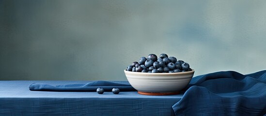 fresh blueberries in blue bowl on linen cloth wide photo. copy space available