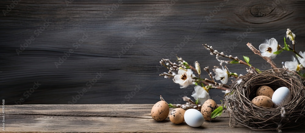 Poster easter background with eggs nest and catkins on old wooden background copy space