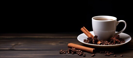 cup of coffee with cinnamon and anise stars on a dark wooden background. copy space available