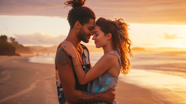 Couple with diverse backgrounds embracing on a beach at sunset, their foreheads touching as they share a tender moment with the serene ocean in the background.