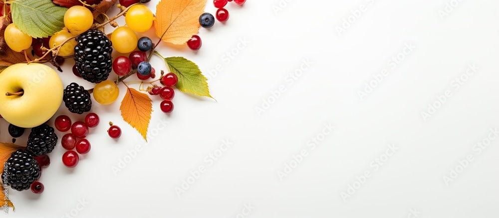 Aufkleber autumn leaves and fruits and berries on a white background hello autumn layout for design with place for text. copy space available