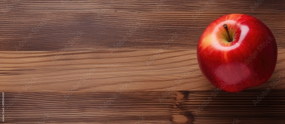 Poster single fresh red apple on wooden background Gala apple empty copy space for text top view