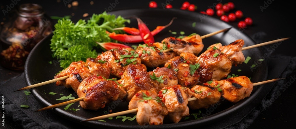 Poster kebab raw chicken skewers with spices on a black plate top view free copy space