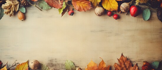 Colorful autumn leaves and nuts on vintage paper background with copy space